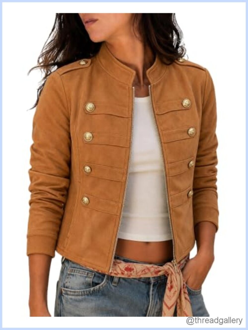 Faux Suede Cropped Jacket Lightweight Stand Collar Metal Button Fall Coat
